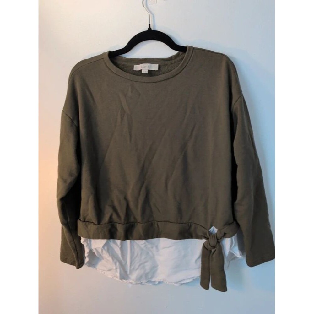 LOFT Olive Green Mixed Media Side-Tie Layered Sweatshirt Size L